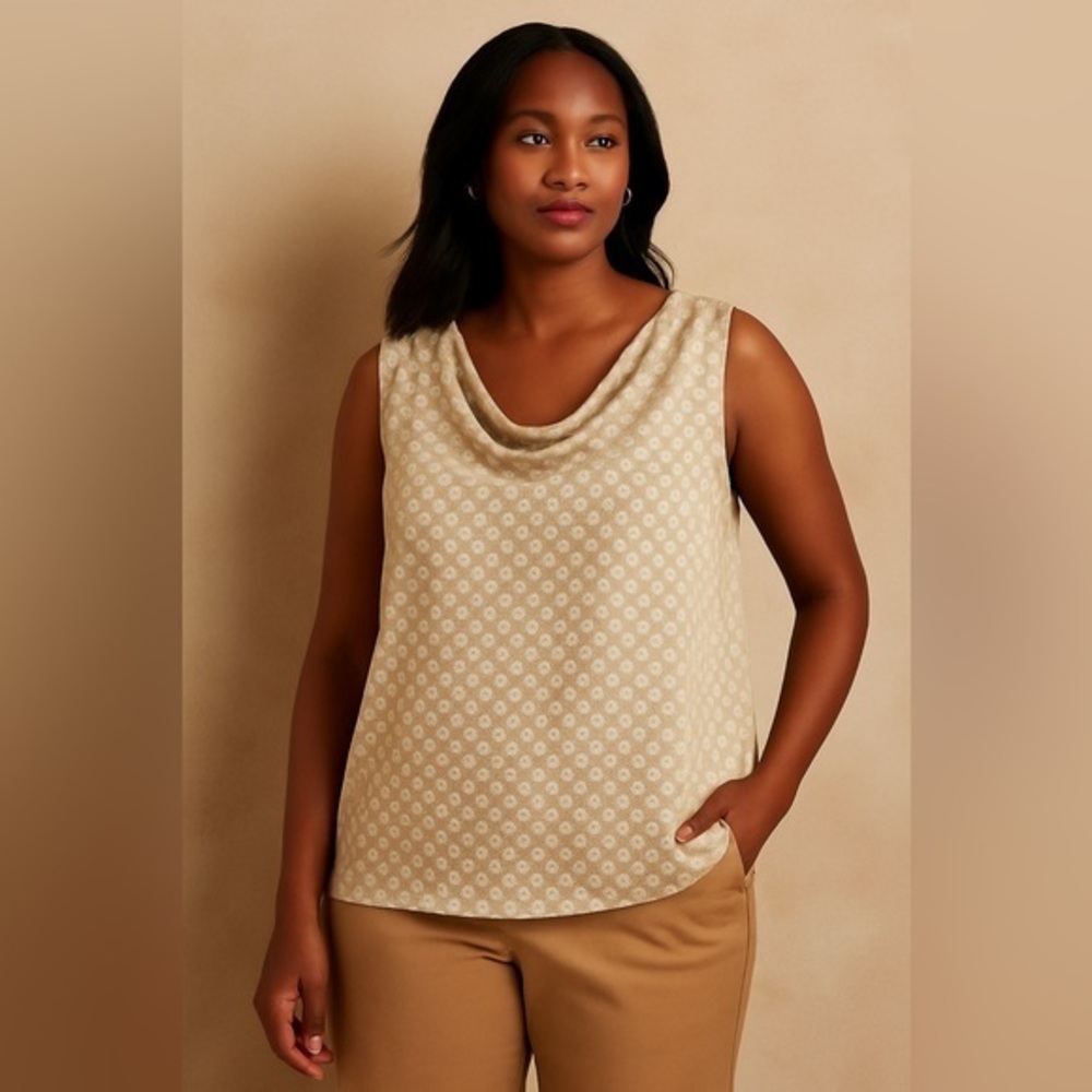 Charter Club Draped Neck Medallion Print Sleeveless Cream Tank Top EUC L #689